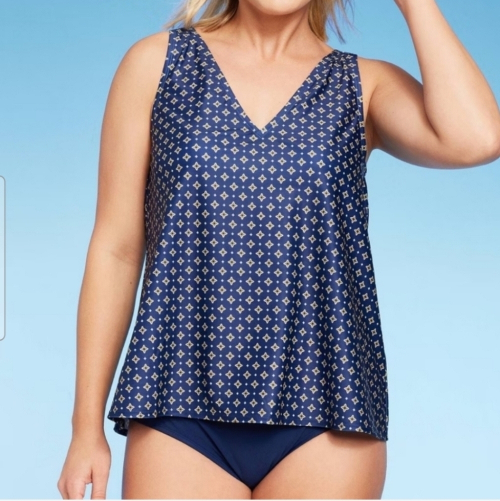 Women's Tie Back Print Tankini Top-Kona Sol Navy Blue S (4-6)